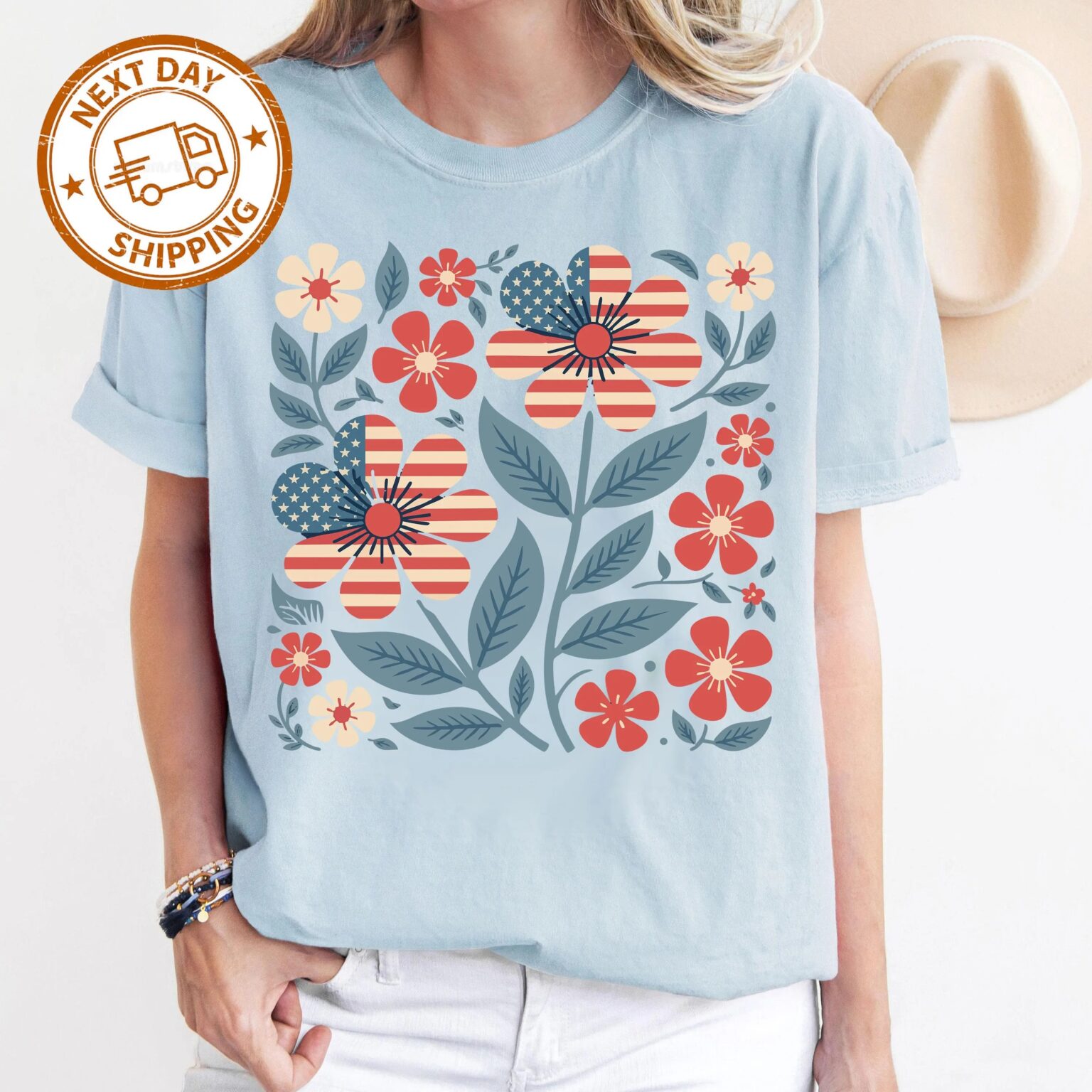 Boho Patriotic Daisy Shirt, American Flag Floral Tee, 4th of July USA Shirt, Comfort Colors T-Shirt - Image 4