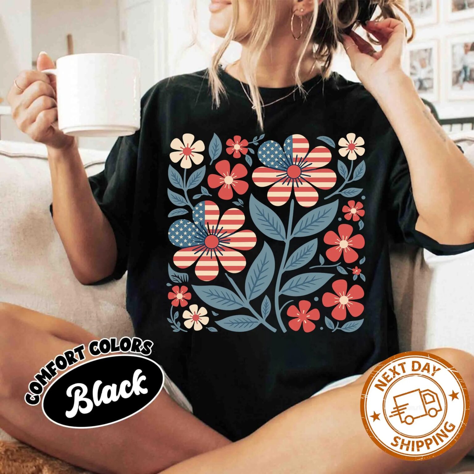 Boho Patriotic Daisy Shirt, American Flag Floral Tee, 4th of July USA Shirt, Comfort Colors T-Shirt - Image 5