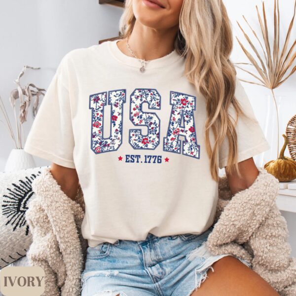 4th of July shirt, floral USA tee, summer patriotic shirt for women, America est 1776 shirt