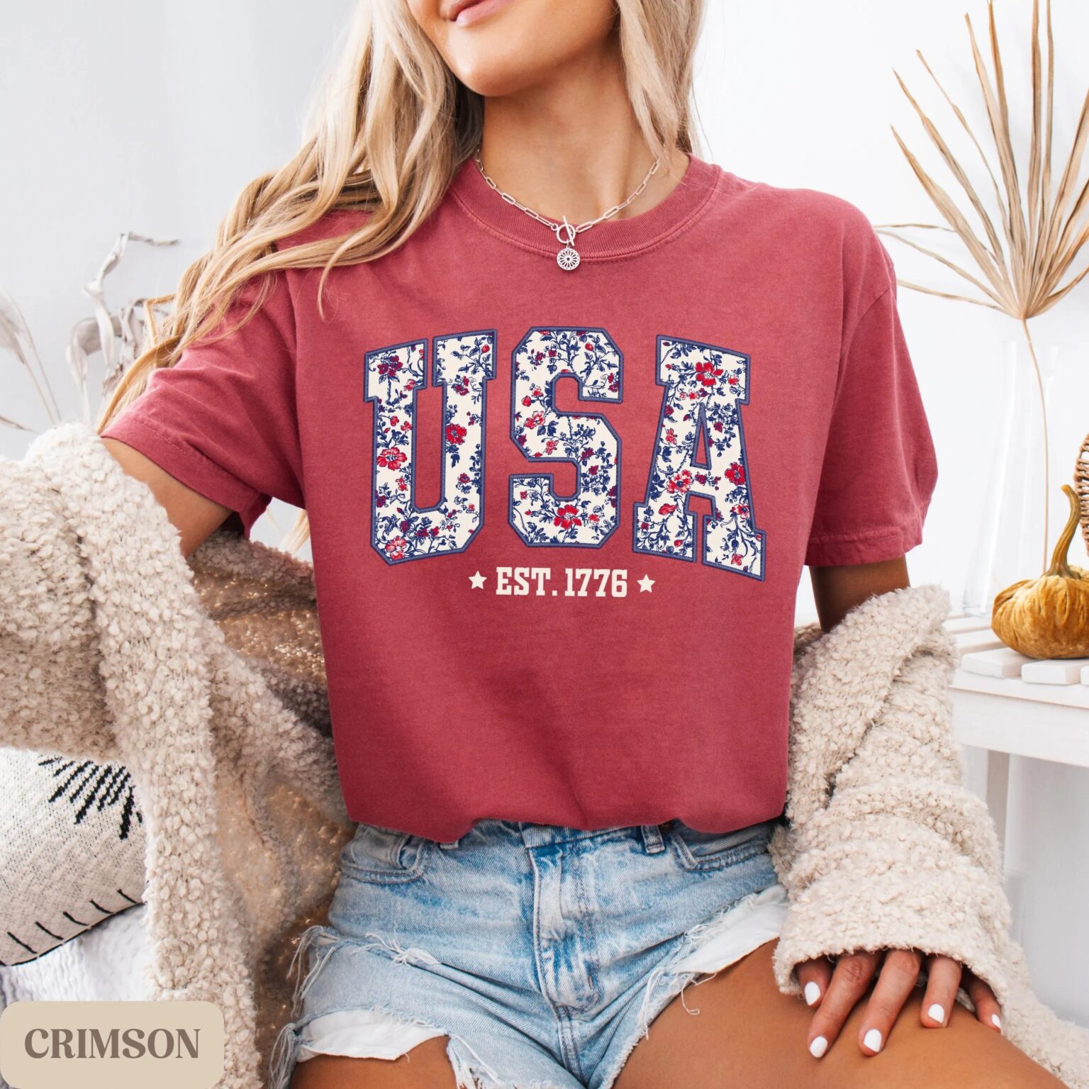 4th of July shirt, floral USA tee, summer patriotic shirt for women, America est 1776 shirt - Image 2