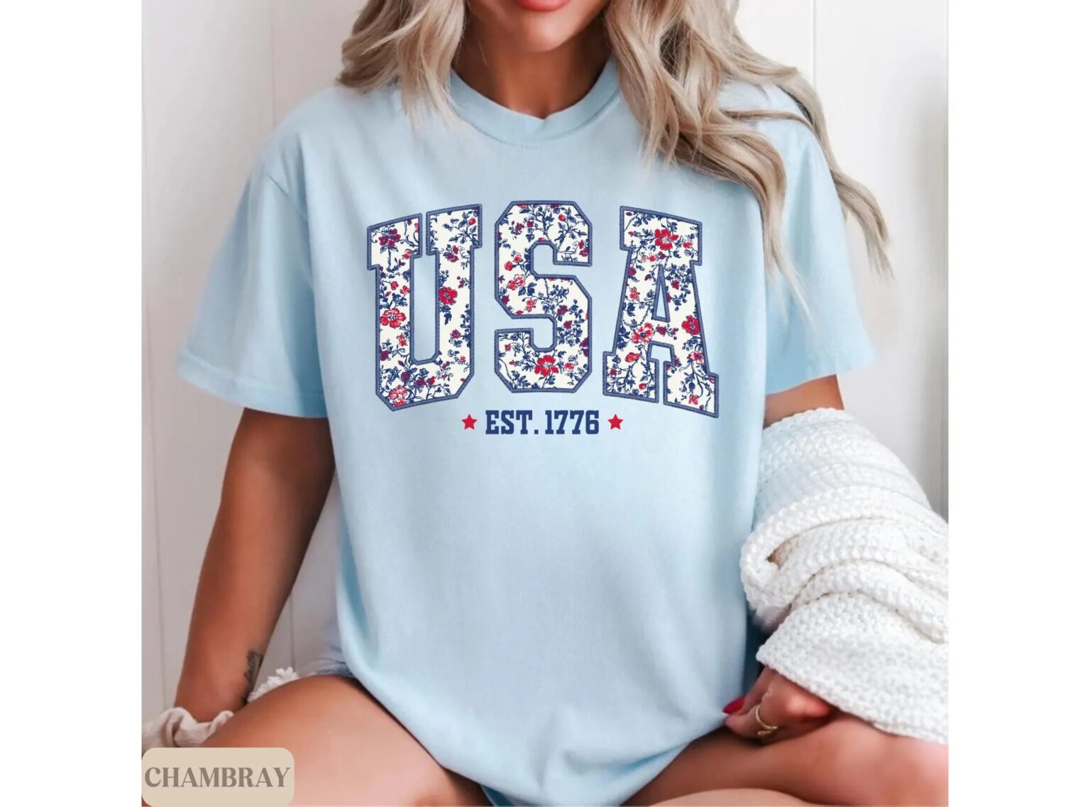 4th of July shirt, floral USA tee, summer patriotic shirt for women, America est 1776 shirt - Image 3