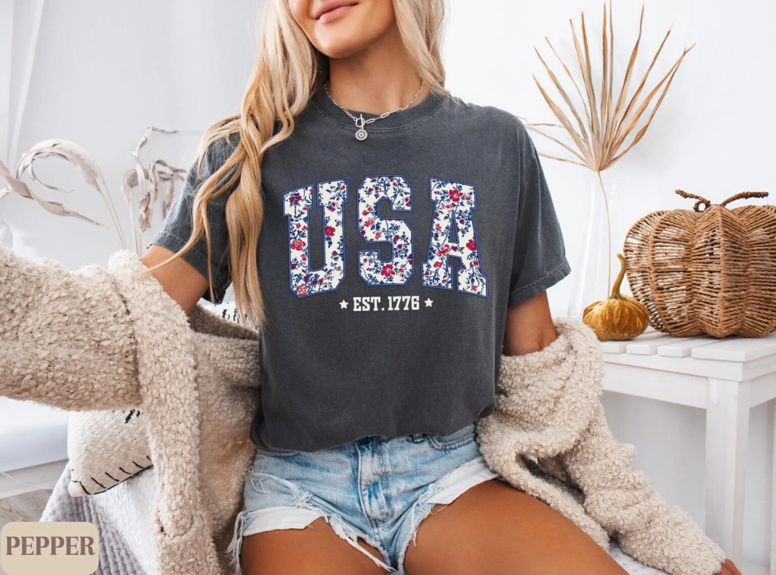 4th of July shirt, floral USA tee, summer patriotic shirt for women, America est 1776 shirt - Image 5